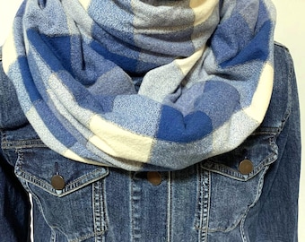 Denim shades in a soft cotton flannel scarf  various blue with white goes great with denim, sizes to fit the whole family