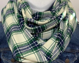 100% Cotton Flannel Blue, Green &Beige fall and winter Plaid Scarf, custom sizes (Adult and Child sizes )