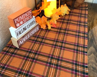 Harvest Pumpkin Spice, Rust, Green and Red Plaid 100% Cotton Flannel Table Runner.  Soft and cozy for  pumpkin spice feels.. Fringed Edges