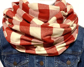 Cream and red Buffalo Plaid, 100 % cotton flannel scarf, Soft quality flannel easy to wash/dry all sizes for everyone on your list 70x14,