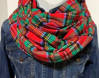 Green and Red Plaid Scarf,(Adult and Child) 100% Cotton Flannel for whole family