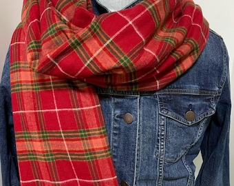 Dark Red Burgundy 100% Cotton Flannel Plaid Scarf, All Sizes (Adult and Child) Dark Red with Green and White, Super soft fabric