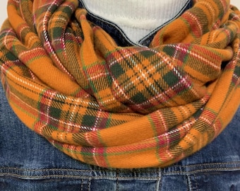 Harvest Pumpkin Spice, Green and Red Plaid, super soft and cozy 100 % cotton flannel scarf, all sizes for everyone on your list 70x14,