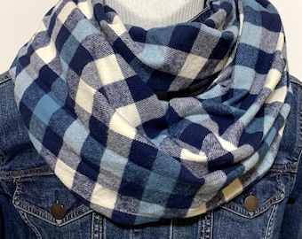 Blue Light and Navy,100% Cotton Flannel for whole family Light Blue with navy stripes Plaid Scarf, All Sizes (Adult and Child) Woven Cotton