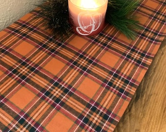 Pumpkin Rust Plaid Cotton Flannel Table Runner, Fringed Edges