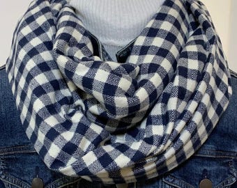 Navy and Off White Flannel Gingham Pattern Scarf, 100% Cotton so soft easy to wash and wear   great for whole family and gifts,
