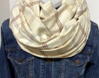 All sizes  100% Cotton, Beautiful soft flannel Infinity and Straight. Beige plaid flannel scarf