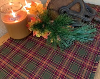 Olive, Burgundy, Rust, Gold cotton woven flannel.  Colors of fall and winter adds warmth to any decor.