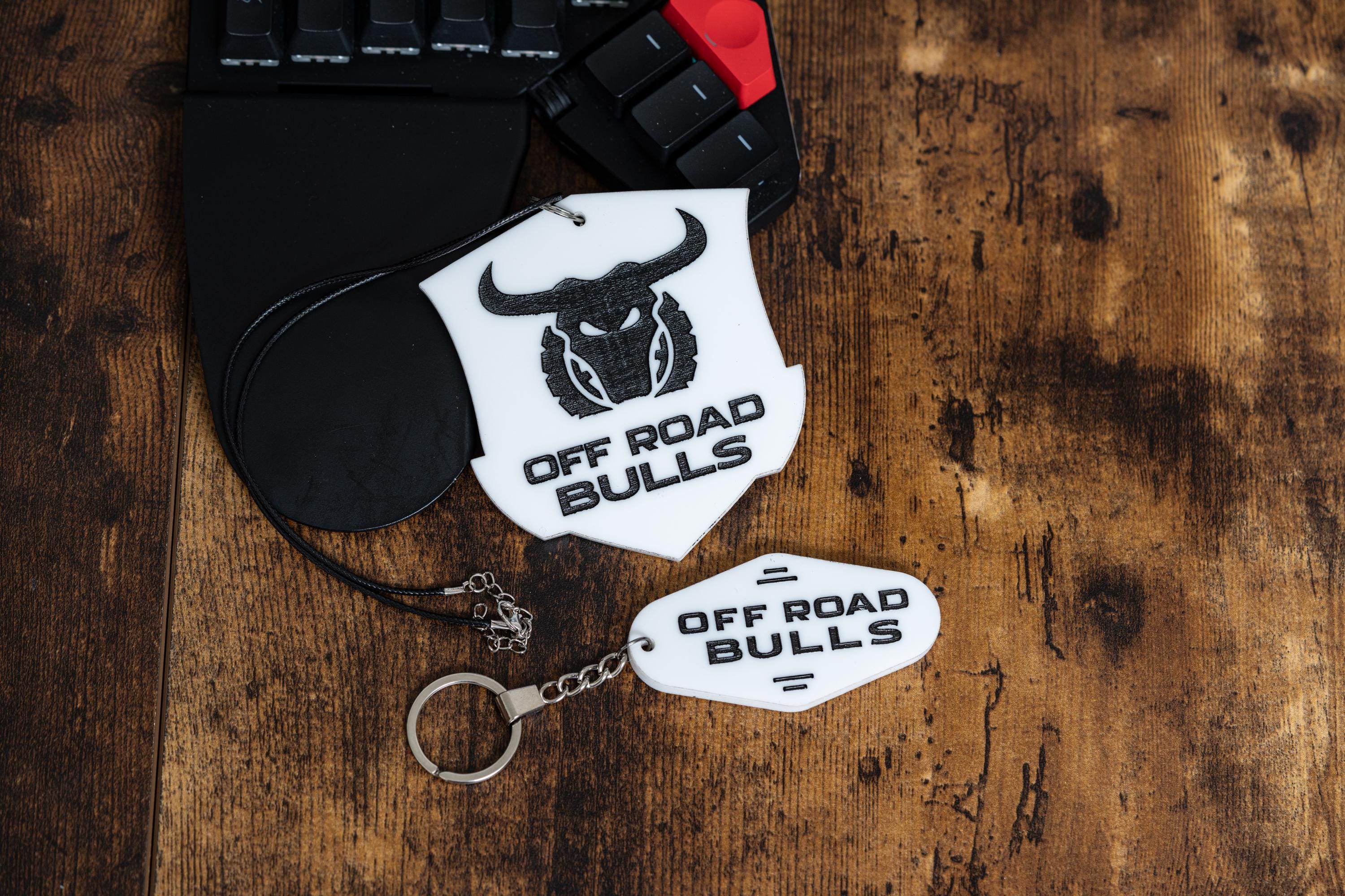 Personalized Off Road Bulls Car Hanger & Keychain Set with Black Trucker Cap