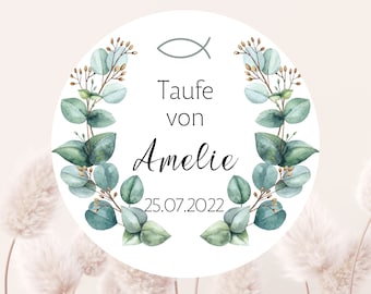 24 personalized stickers baptism, communion or confirmation with eucalyptus wreath