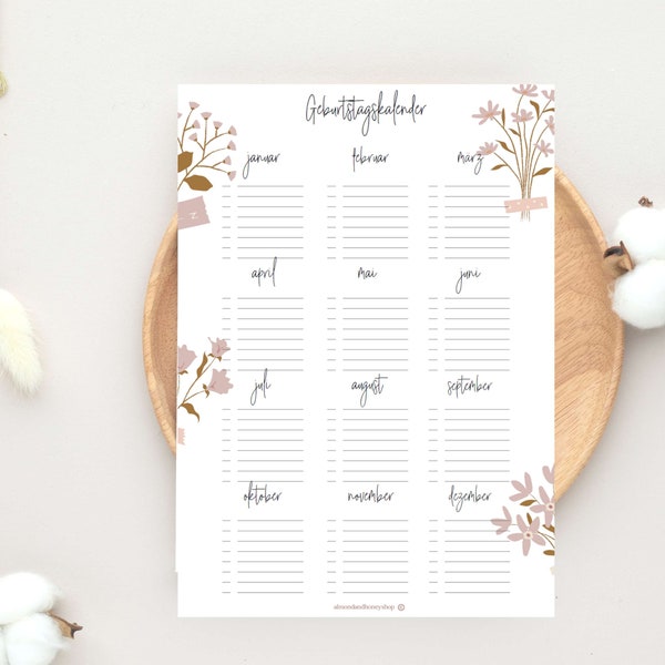 Immerwährender Geburtstagskalender A4 | floral | boho