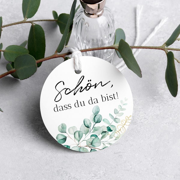 Geschenkanhänger "Schön, dass du da bist"/"Lasst unsere Liebe wachsen" / "Vielen Dank" / Hochzeit / Taufe / Greenery / Gastgeschenk / Ø50mm