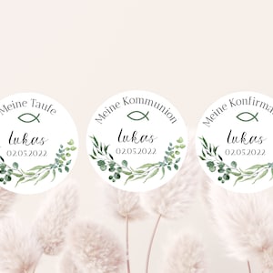 Personalized sticker baptism, communion or confirmation with eucalyptus design