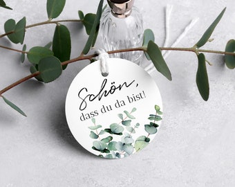 Geschenkanhänger "Schön, dass du da bist"/"Lasst unsere Liebe wachsen" / "Vielen Dank" / Hochzeit / Taufe / Greenery / Gastgeschenk / Ø50mm