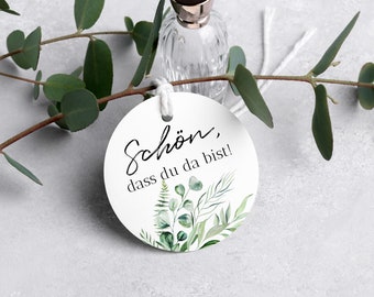 Geschenkanhänger "Schön, dass du da bist"/"Lasst unsere Liebe wachsen" / "Vielen Dank" / Hochzeit / Taufe / Greenery / Gastgeschenk / Ø50mm