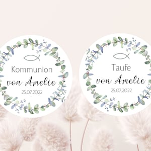 24 personalized stickers baptism or communion with eucalyptus wreath