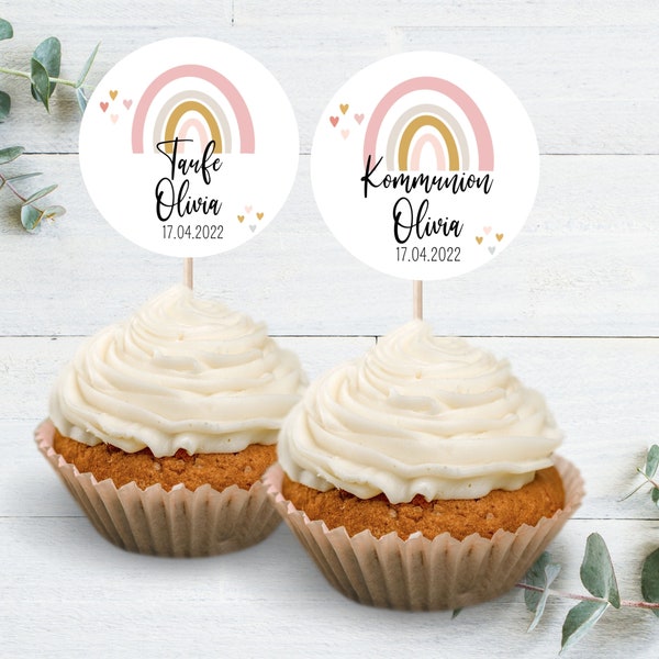 Cupcake Topper / Muffin Dekostecker mit Regenbogen für Taufe / Kommunion / Geburtstag