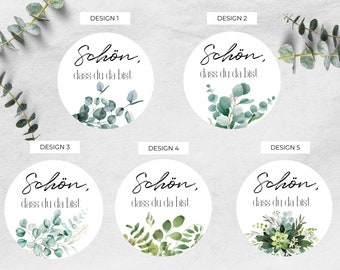 24 Aufkleber | Sticker | Schön dass du da bist | Geschenkaufkleber Hochzeit | Gastgeschenk Sticker | Eukalyptus | Blätter | Greenery |Ø40mm