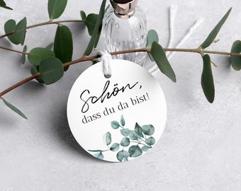 Geschenkanhänger "Schön, dass du da bist"/"Lasst unsere Liebe wachsen" / "Vielen Dank" / Hochzeit / Taufe / Greenery / Gastgeschenk / Ø50mm