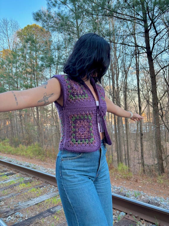 Handmade Crochet Granny Square Vest | Tie Front Earth Tones Sweater Vest