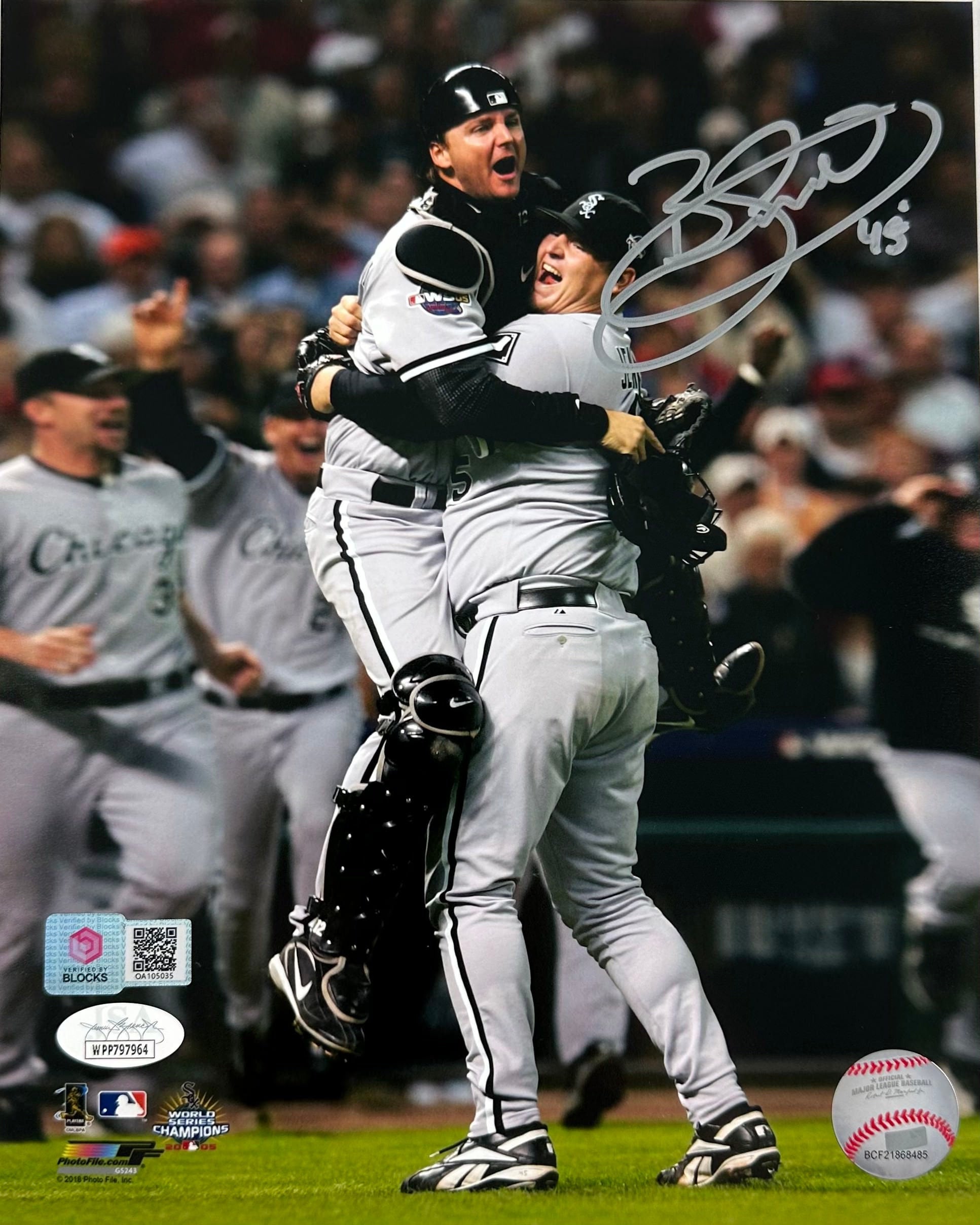 Bobby Jenks hugging A.J. Pierzynski Signed Autographed 2005 World Series  8x10 Photo with JSA COA, Verified by BLOCKS