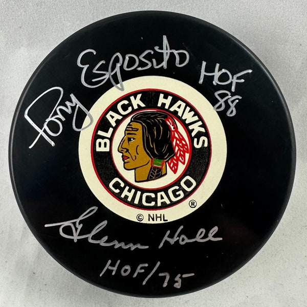 Tony Esposito and Glenn Hall Chicago Signed Autographed Hockey Puck with Beckett COA - Hall of Fame Inscriptions