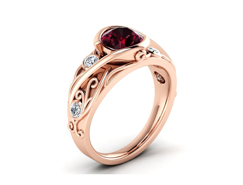 Rose Gold Garnet Ring Art Deco Garnet Ring Art Deco Filigree Ring Women Garnet Ring Red Garnet Ring Art Deco Floral Ring Bypass Setting Ring