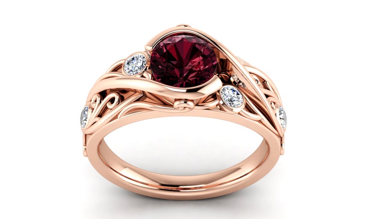 Rose Gold Garnet Ring Art Deco Garnet Ring Art Deco Filigree Ring Women Garnet Ring Red Garnet Ring Art Deco Floral Ring Bypass Setting Ring