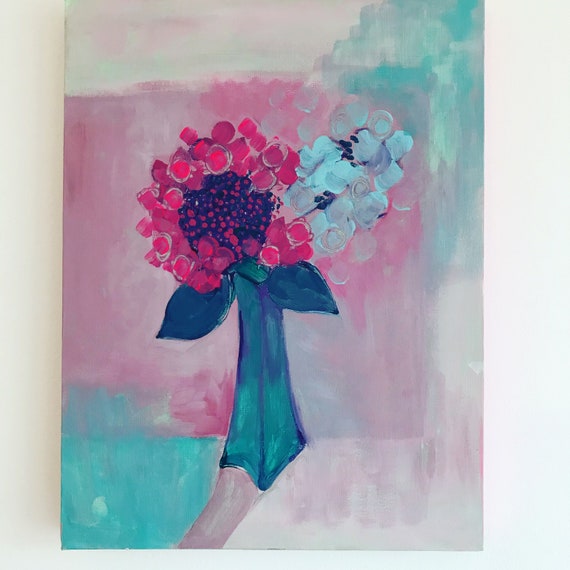花の絵画 ～オリジナル作品～ 紫陽花のターコイズ花瓶 - Etsy 日本