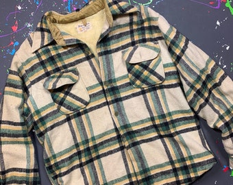 Vintage 80s King Arthur Plaid Wool Faux Fur Lined Button Up Heavy Shirt Jacket Size Large