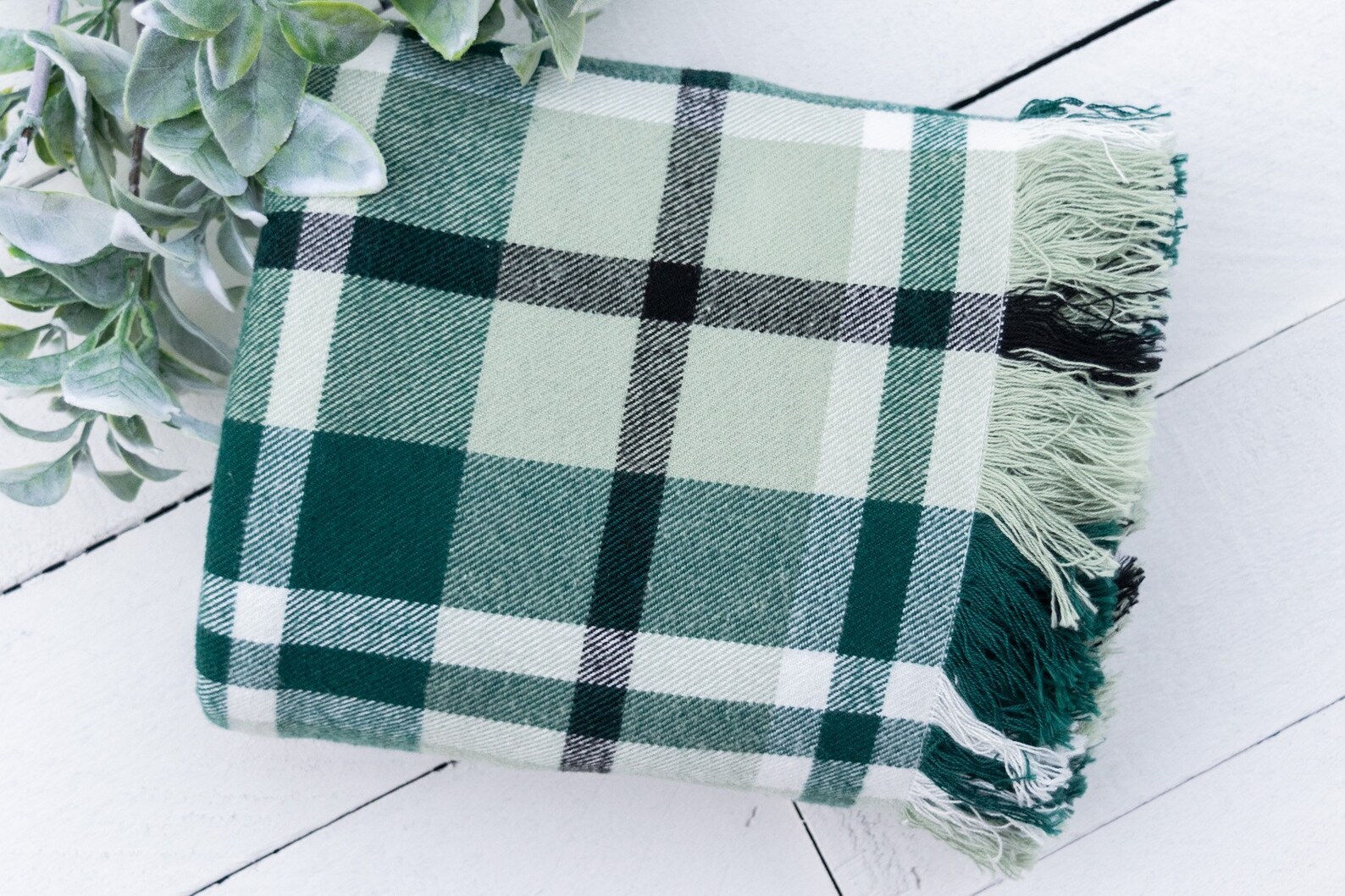 Light Green Cream Black Plaid Flannel Fringe Throw Blanket Etsy