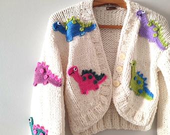 3d Animal Embroidery Chunky Cardigan, Dinosaur Knitted Sweater