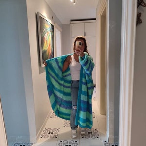 Blanket big cardigan, blue maxi angora sweater, large mohair cardigan, Hygge Long jumper, mohair knitted coat, Bydna chunky sweater