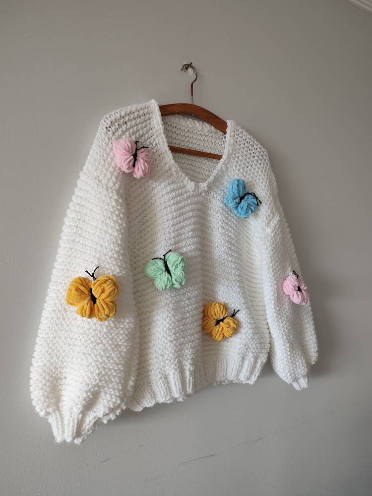 Butterfly Easter Sweater, V Neck Chunky Pullover, All Butterfly Easter Sweater, V Neck Chunky Pullover, All