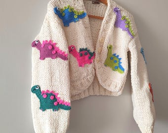 Handmade Cotton Blend Dinosaur Embroidery Cardigan, Animal Knit