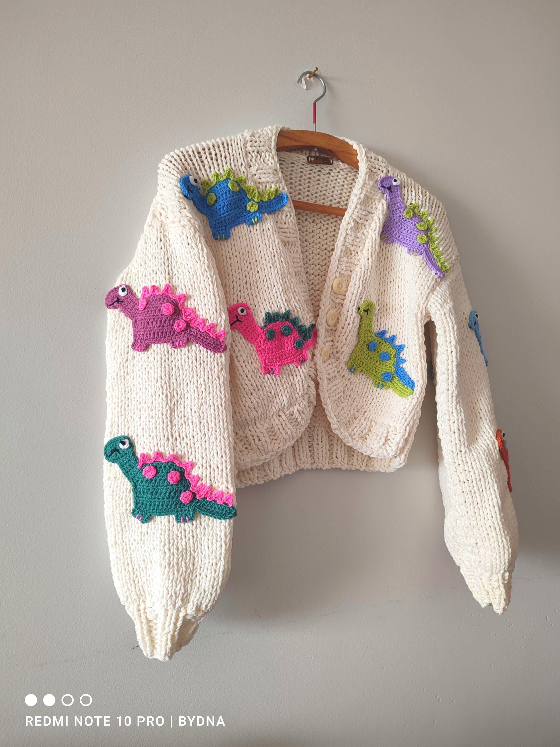 Handmade Cotton Blend Dinosaur Embroidery Cardigan, Animal Knit