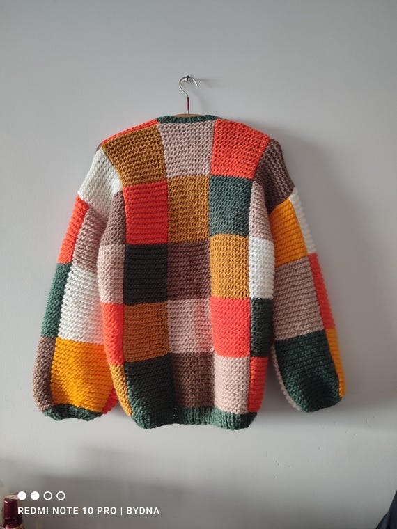 Luxury Mohair Patchwork Cardigan, Angora Oversize Checkered Knit