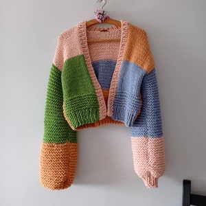 Chunky crop womens pastel tones cardigan, long balloon sleeves minimalist sweater, mother's day colorful knit cardigan, gifts for her