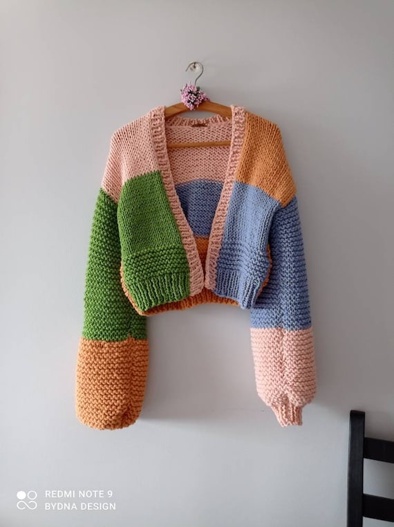 Chunky Crop Womens Pastel Tones Cardigan Long Balloon Sleeves - Etsy