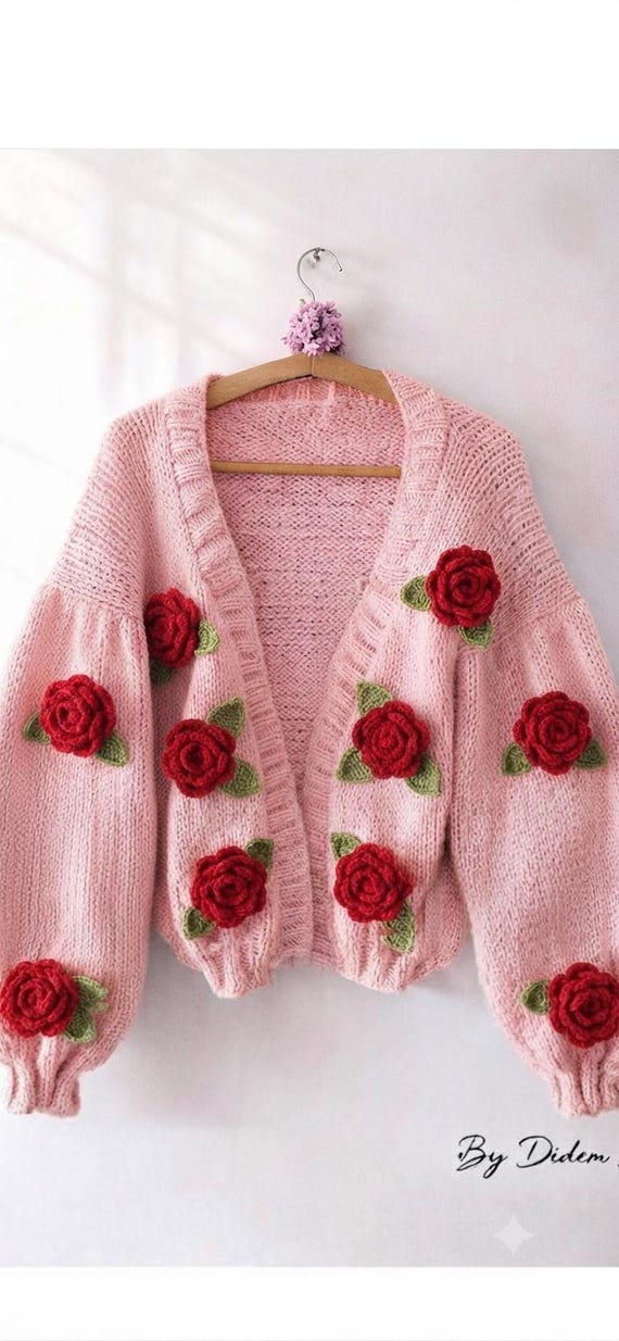 Handmade Chunky Red Roses Cardigan, Christmas Gifts for Her