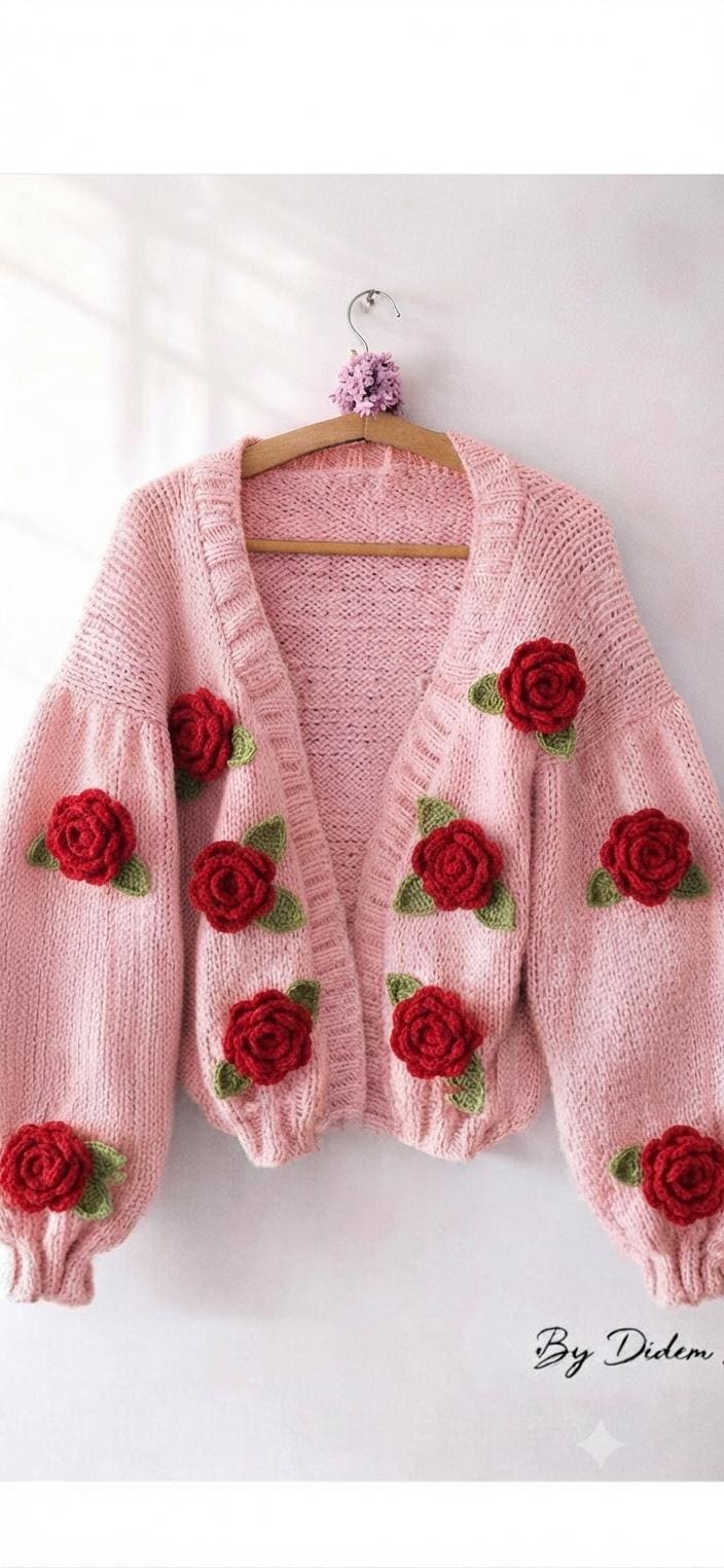 【週末セール】22aw Needles mohair cardigan rose Handmade Chunky Red Roses Cardigan, Christmas Gifts for Her