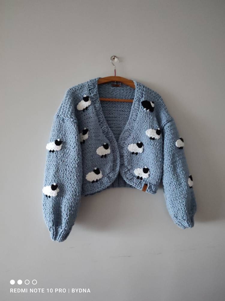 Sheep Blue Cardigan, Trendy Chunky Sweater, Black Sheep on