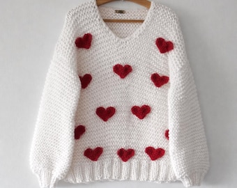 Handmade Chunky Heart Sweater, Oversized Crochet Applique, Vegan Acrylic
