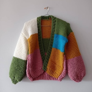 Oversize handmade gifts sweater woman,  colorful unique design cozy cardigan, trendy gifts for her, Mothers Day gifts, patch knit jumper