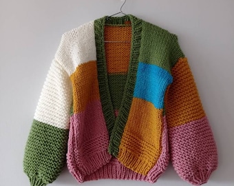 Oversize handmade gifts sweater woman,  colorful unique design cozy cardigan, trendy gifts for her, Mothers Day gifts, patch knit jumper