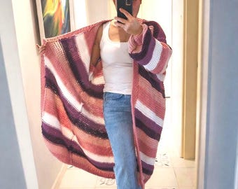 Multicolor Striped Angora Mohair Maxi Cardigan, Handmade Cozy Knit Coat