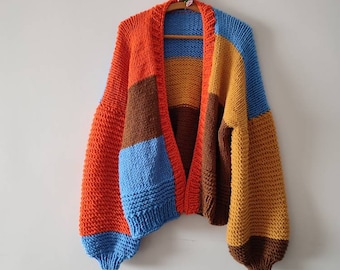 Colorful cardigan for men, patchwork trendy sweater, vintage knitted jumper, oversize clothes winter, gifts for him, long large knit jacket