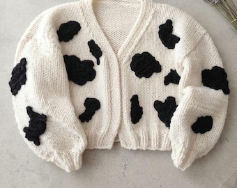Chunky Knit Cow Cardigan, Crop Oversized Farm Sweater, Animal Embroidery Knitted Jumper, Unique Handmade BYDNA Gift For Her
