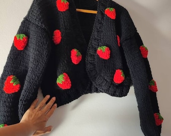 Black Strawberry Cardigan, Cardigan With Button, Winter Women - Main Image