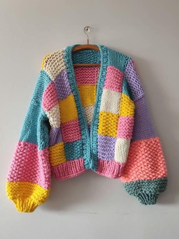 Patchwork Colorful Knit Cardigan, Handmade Boho Sweater